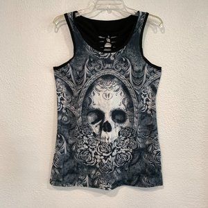 NEW Bescita Skull Print Stretch Tank Top Strappy Back Black Gray Womens US Sz 10